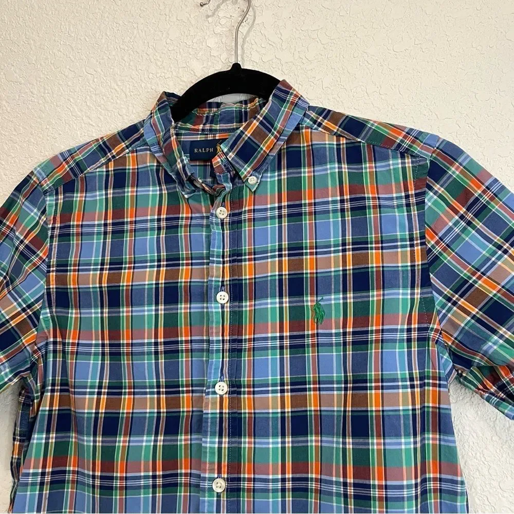 Ralph Lauren Plaid Blue Orange Green Button Up Short Sleeve Shirt Boys Youth L